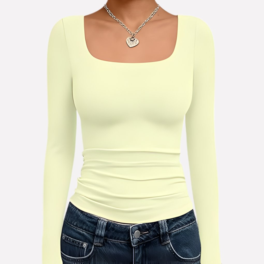 Women's Long Sleeve Ribbed Square-Neck Cropped Top - Lemon Yellow