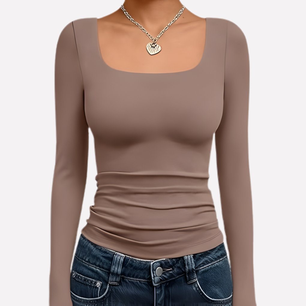 Women's Long Sleeve Ribbed Square-Neck Cropped Top - Coffee Grey