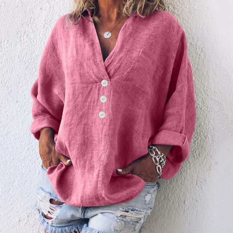 Women's Oversized V-Neck Blouse - Pink