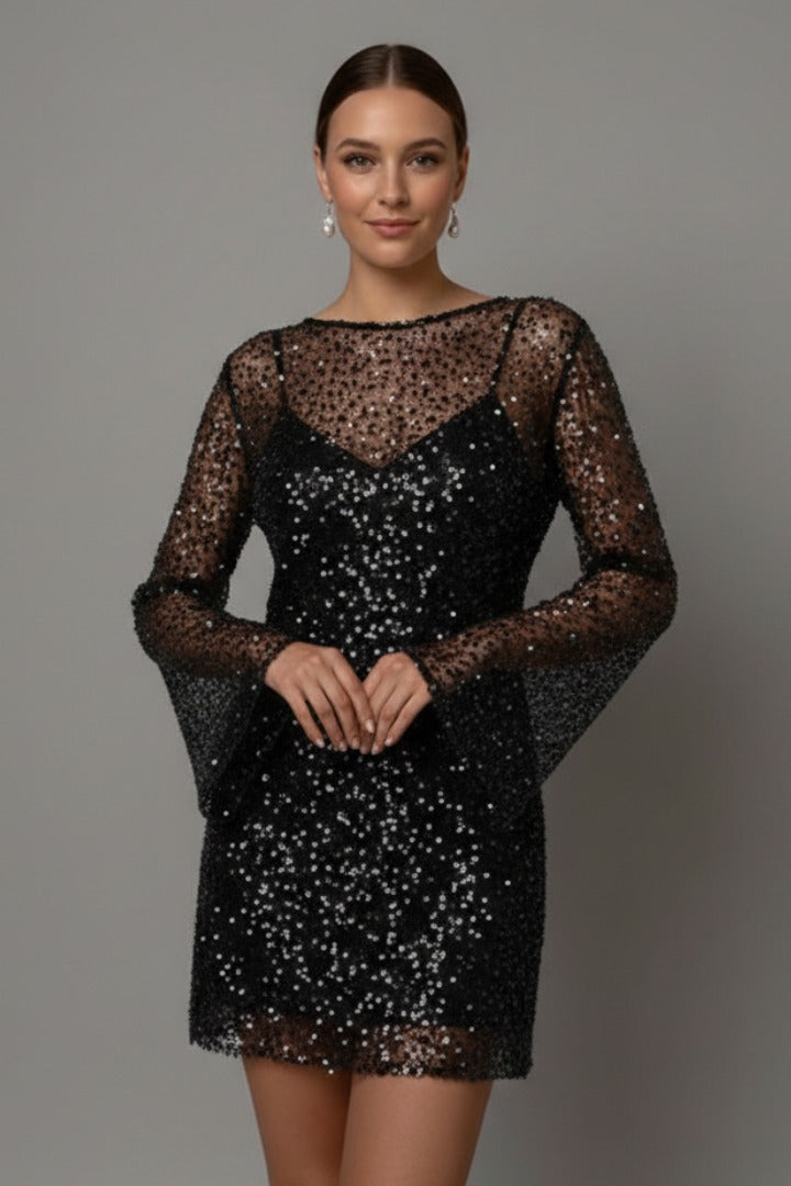 Long Sleeve Sequin Mini Dress - Black