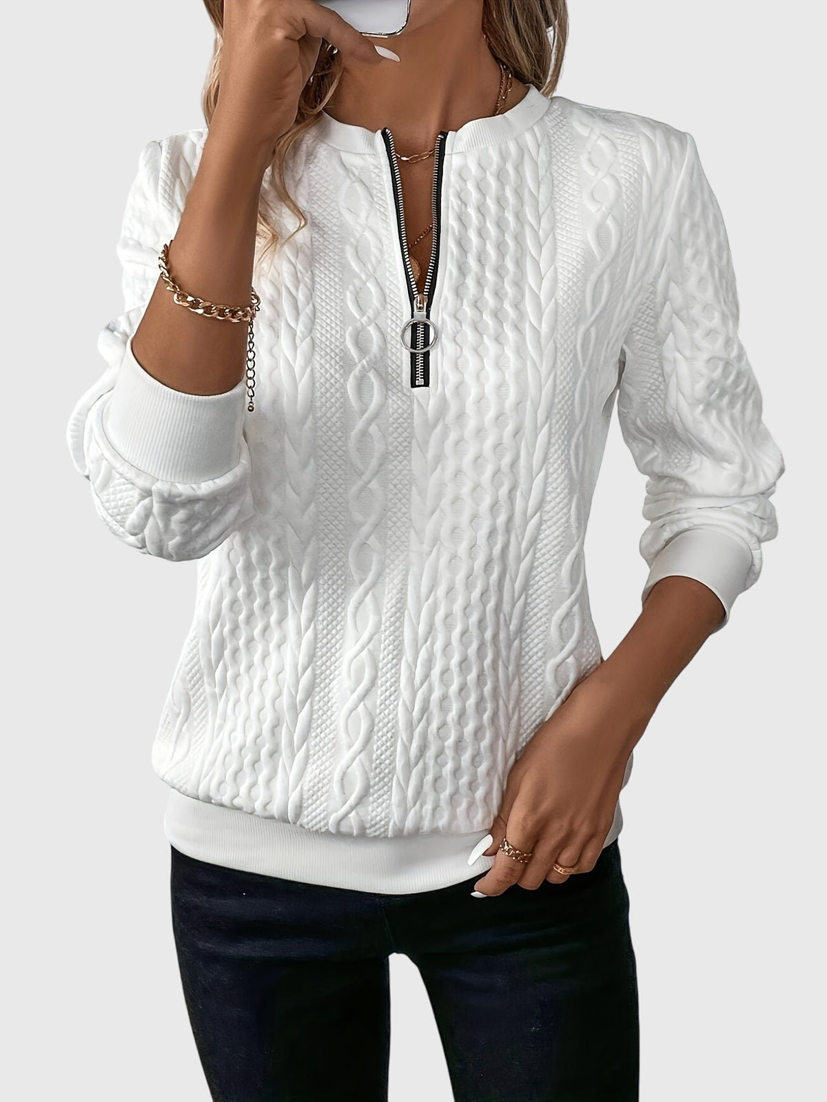 Women's Quarter-Zip Pullover Sweatshirt - White Black Zipper