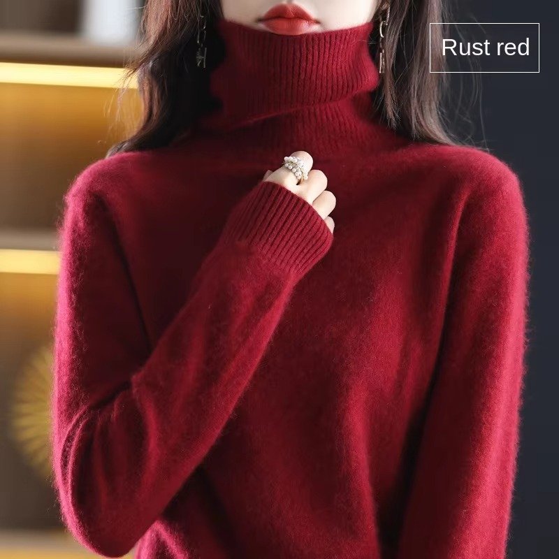 Women's Slim Wool Turtleneck Sweater - Rust Red