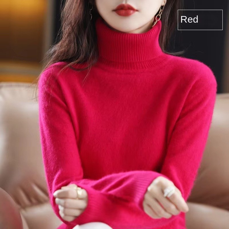 Women's Slim Wool Turtleneck Sweater - Chinese Red