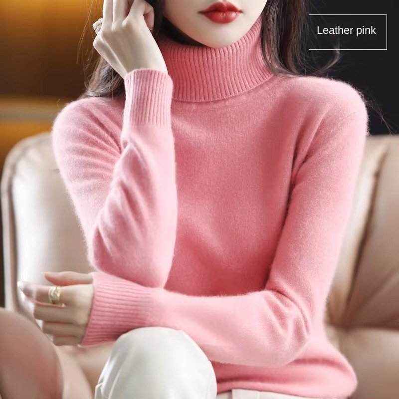 Women's Slim Wool Turtleneck Sweater - Leather Pink