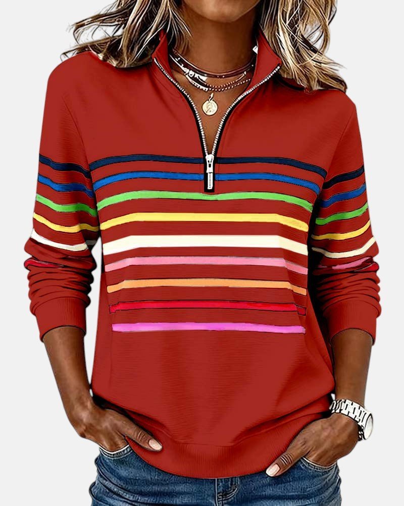 Women's Striped Quarter-Zip Sweatshirt - Red