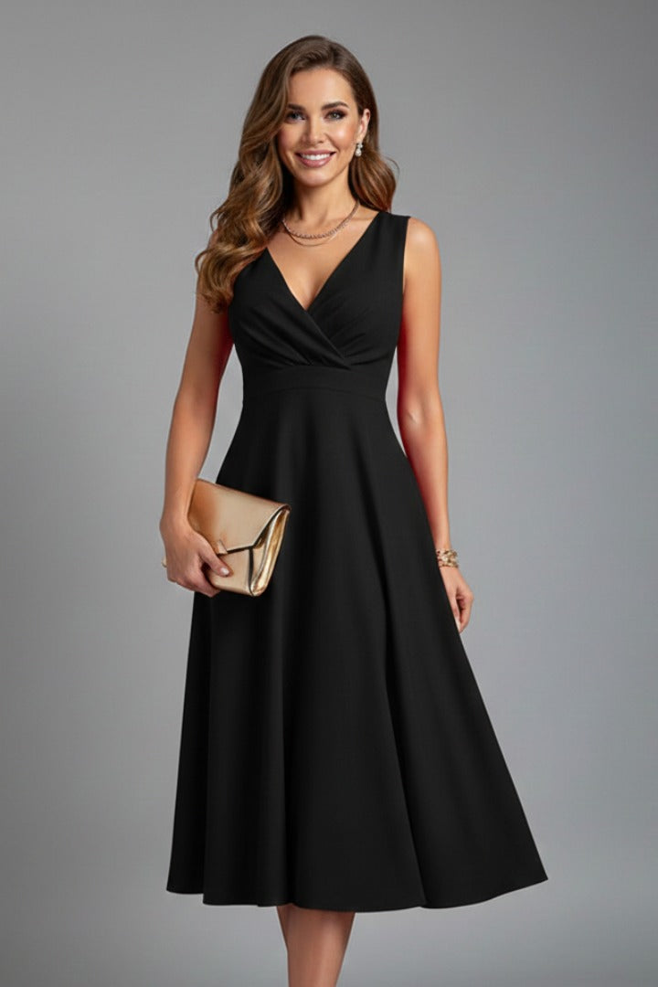 V Neck Fit Flare Midi Dress - Black