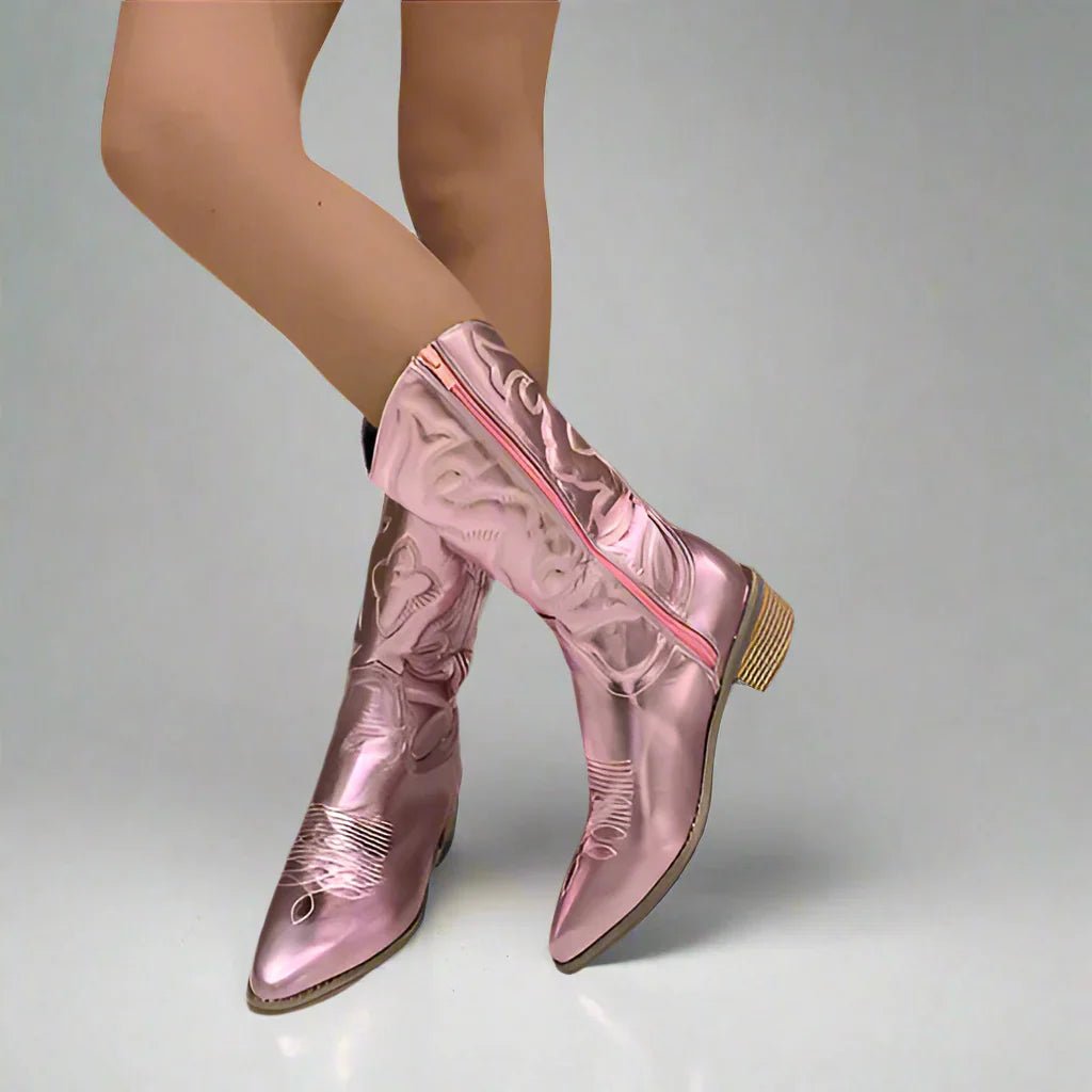 Women's Embroidered Western Ankle Boots - Pink