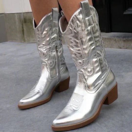 Women's Embroidered Western Ankle Boots - Grey