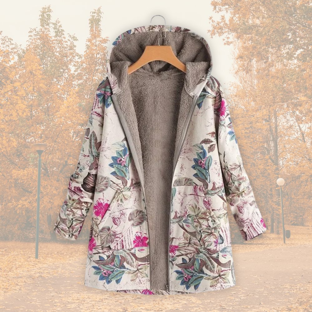 Women's Floral Hooded Parka Faux Fur Coat