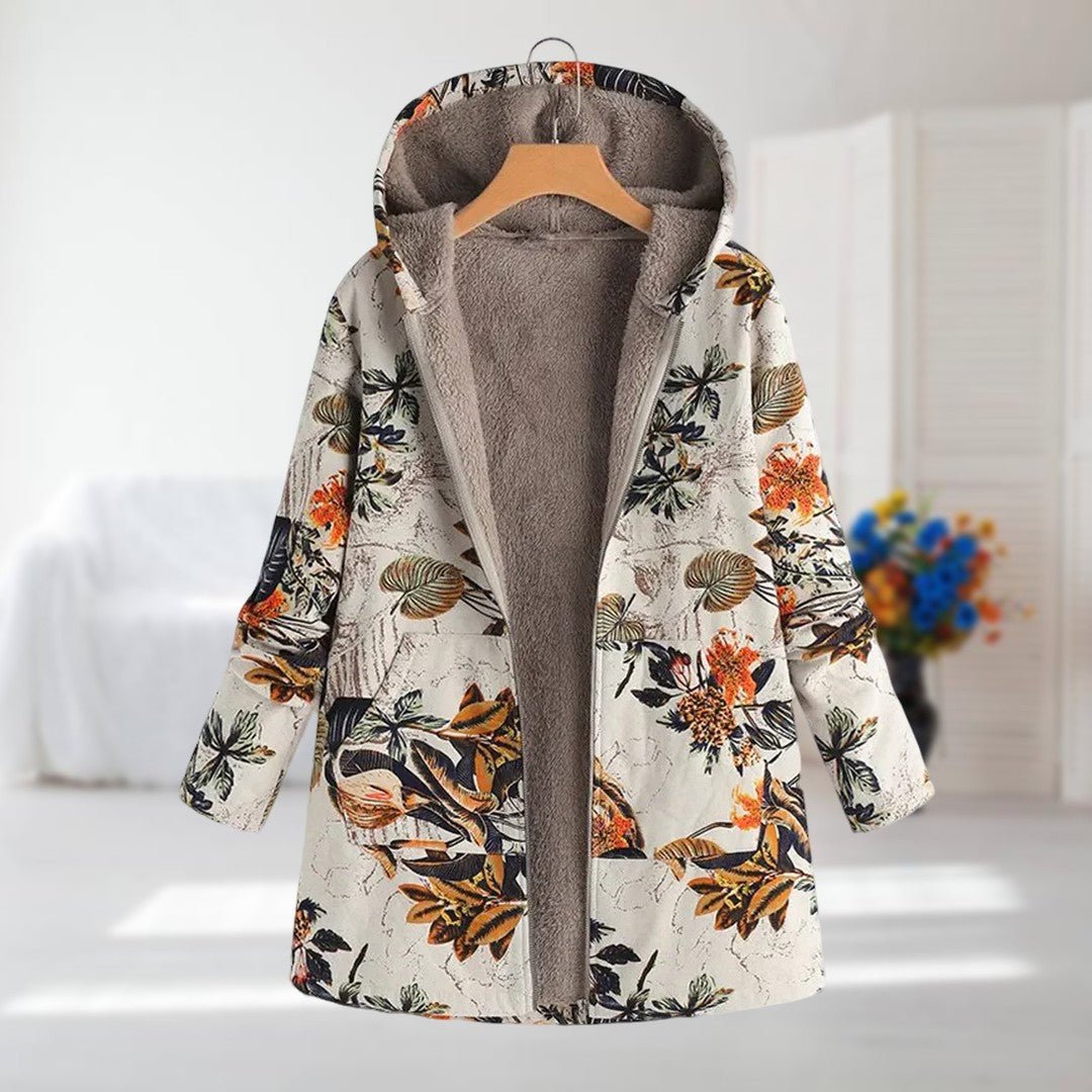 Women's Floral Hooded Parka Faux Fur Coat - Beige