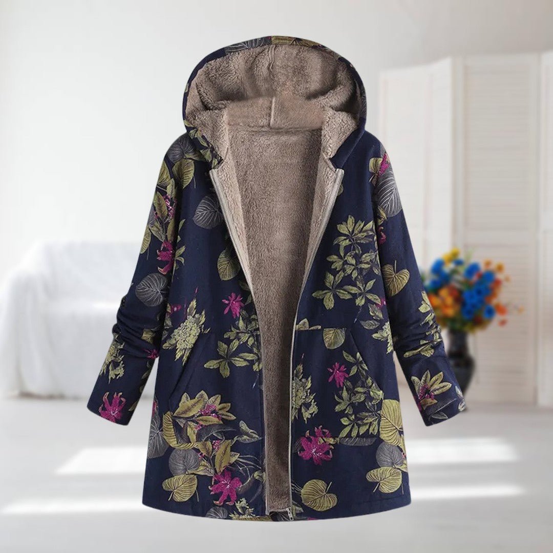 Women's Floral Hooded Parka Faux Fur Coat - Dark Blue
