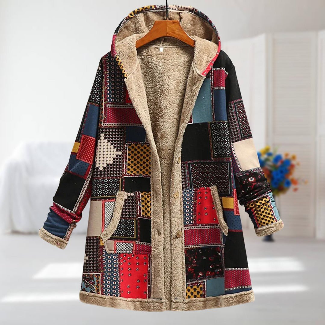 Women's Floral Hooded Parka Faux Fur Coat - Red