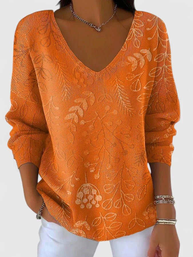 Women's Floral Oversized V-Neck Sweater - Orange
