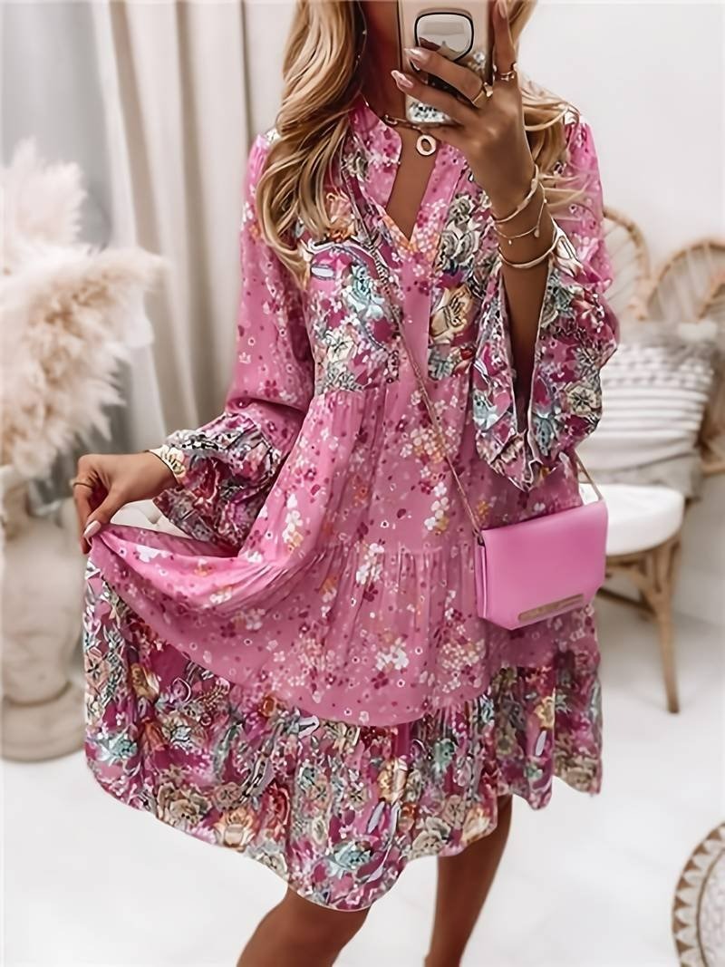 Floral Long Sleeve Midi Dress - Pink