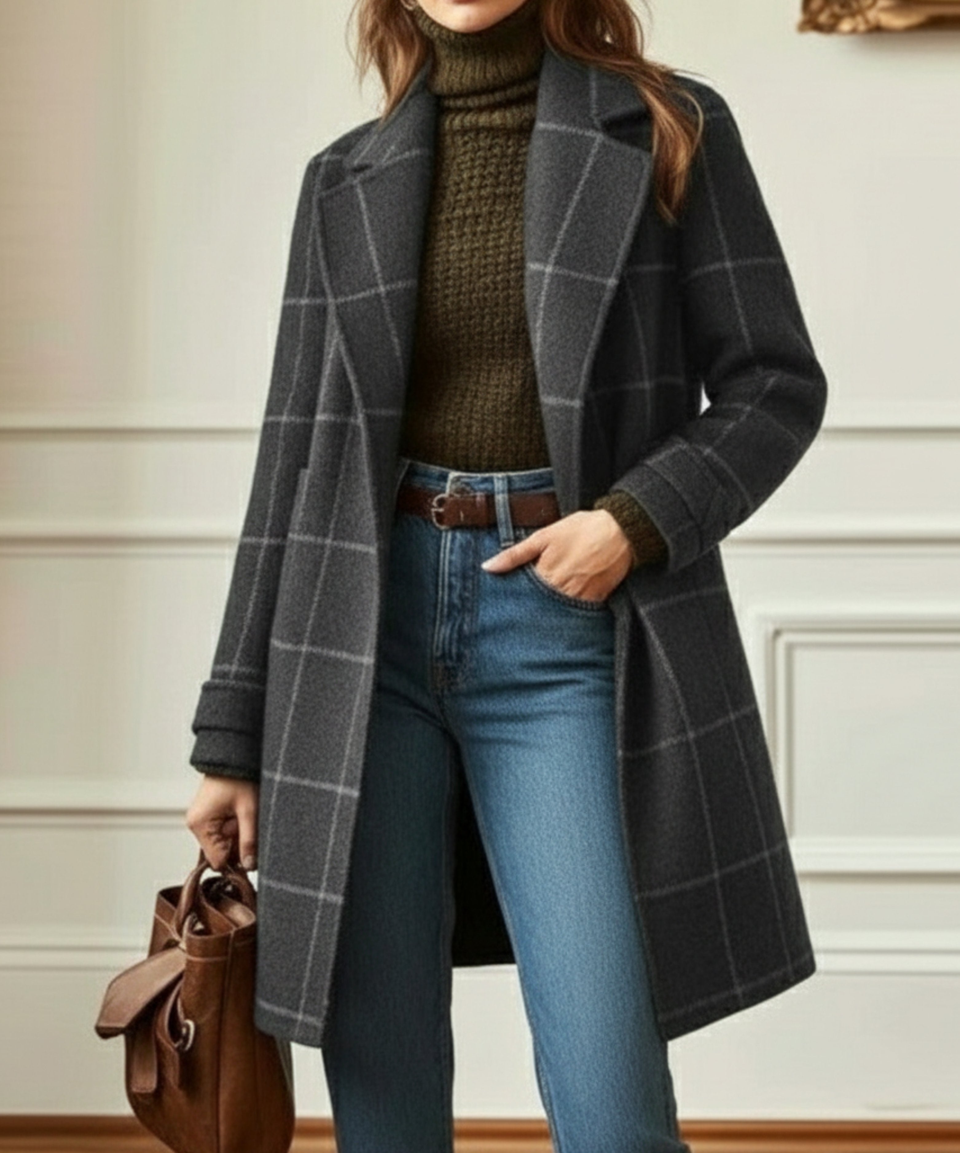 Women's Oversized Plaid Wool Coat - Grey
