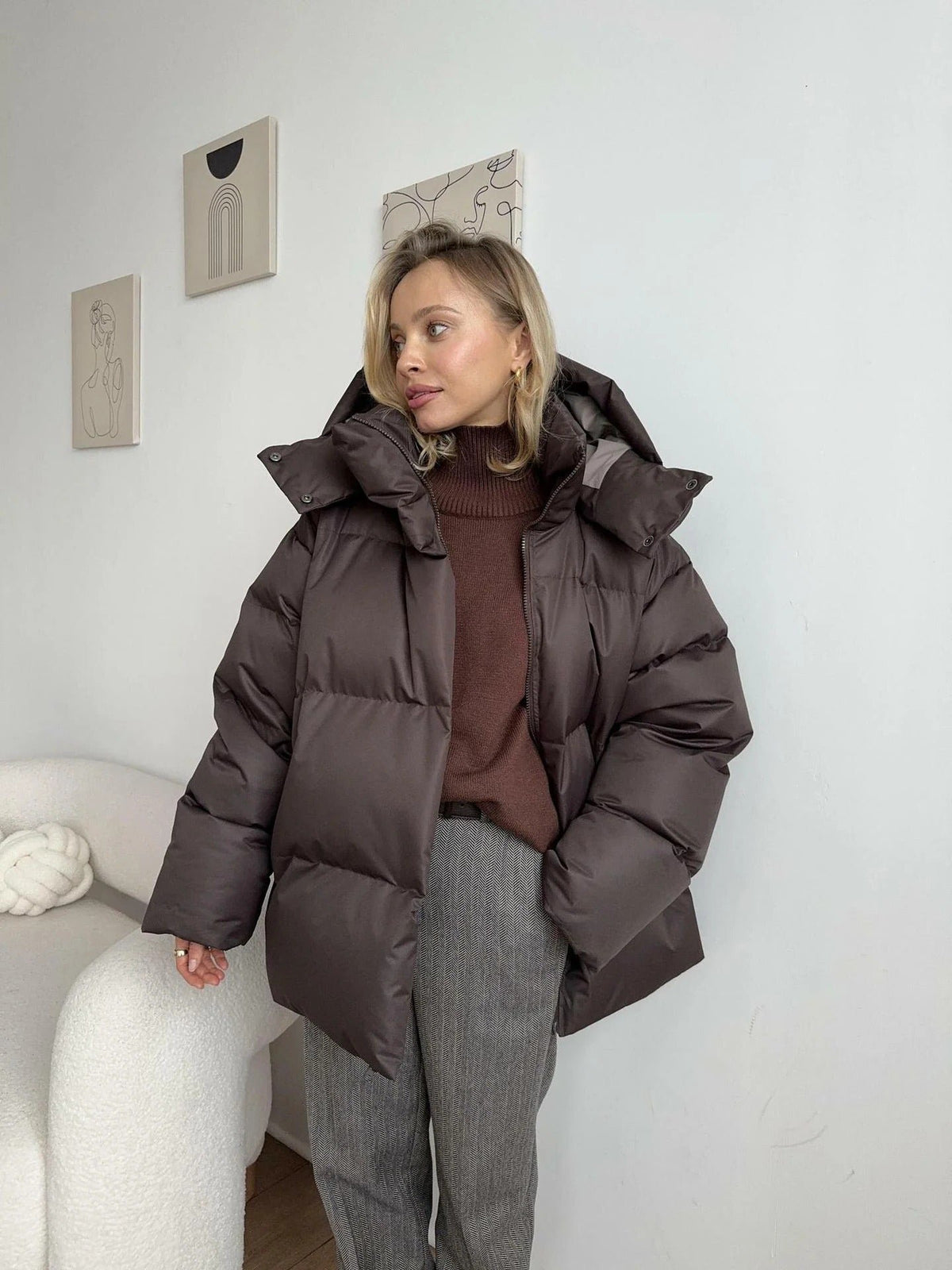Women's Oversized Puffer Jacket - Brown