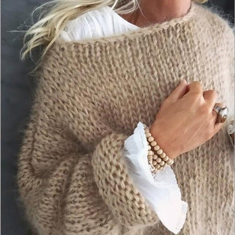 Women's Chunky Knit Crewneck Wool Sweater