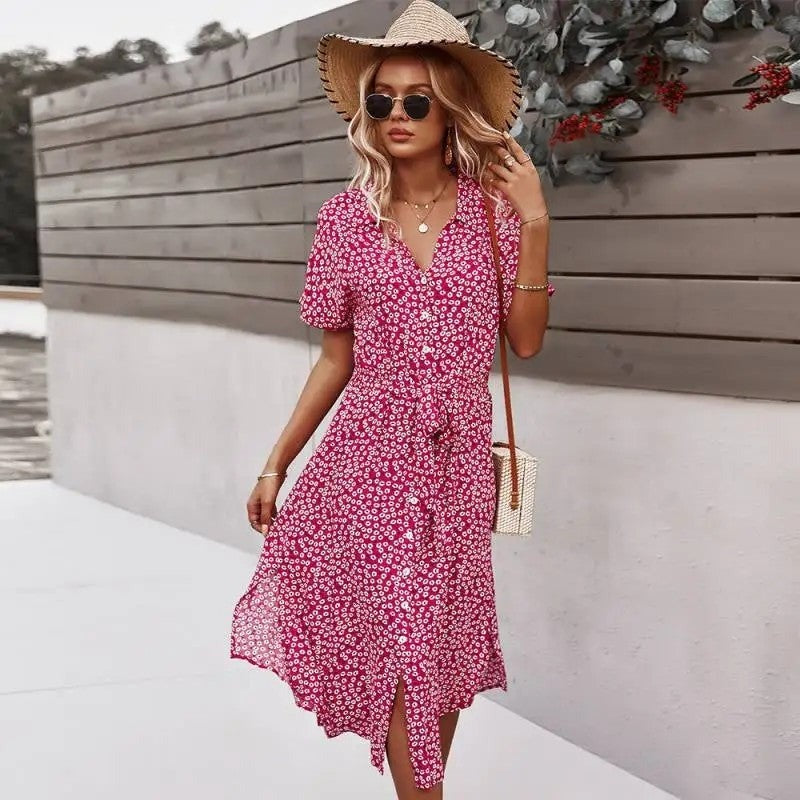 Floral Wrap Midi Dress - Red