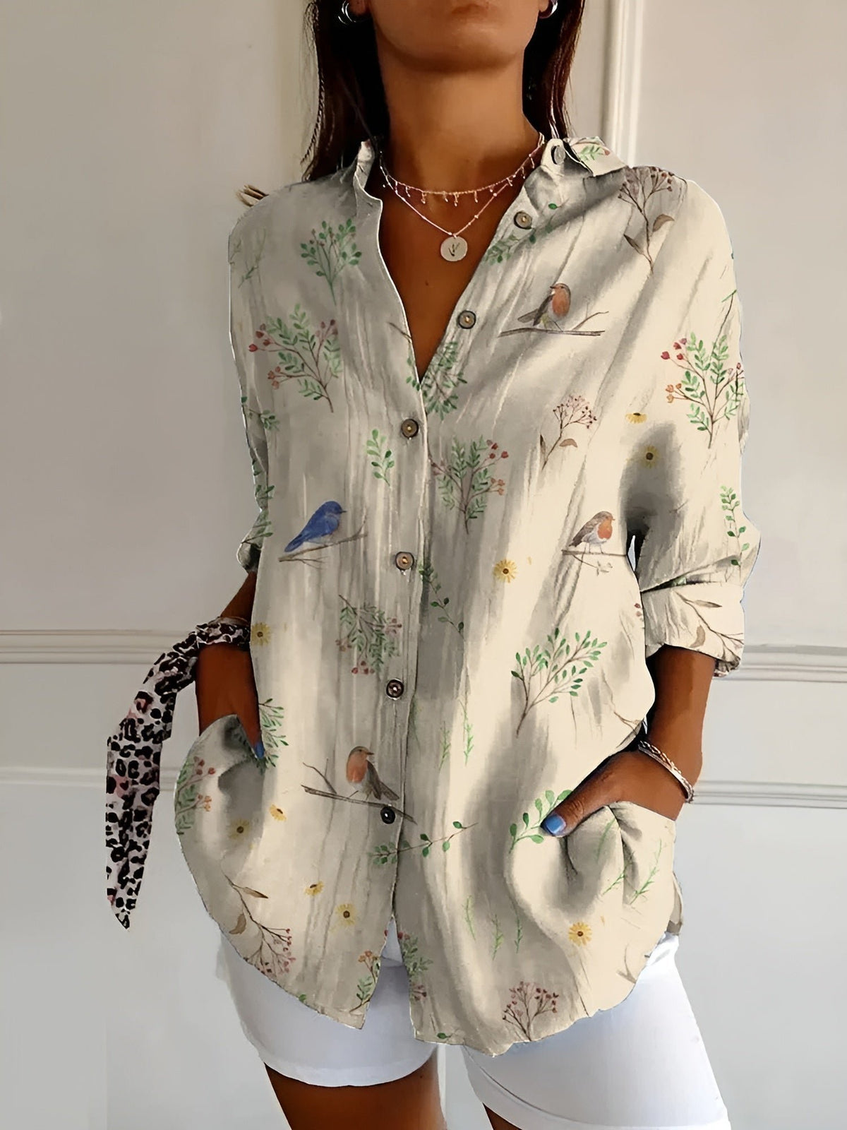 Women's Floral V-Neck Blouse - Birds