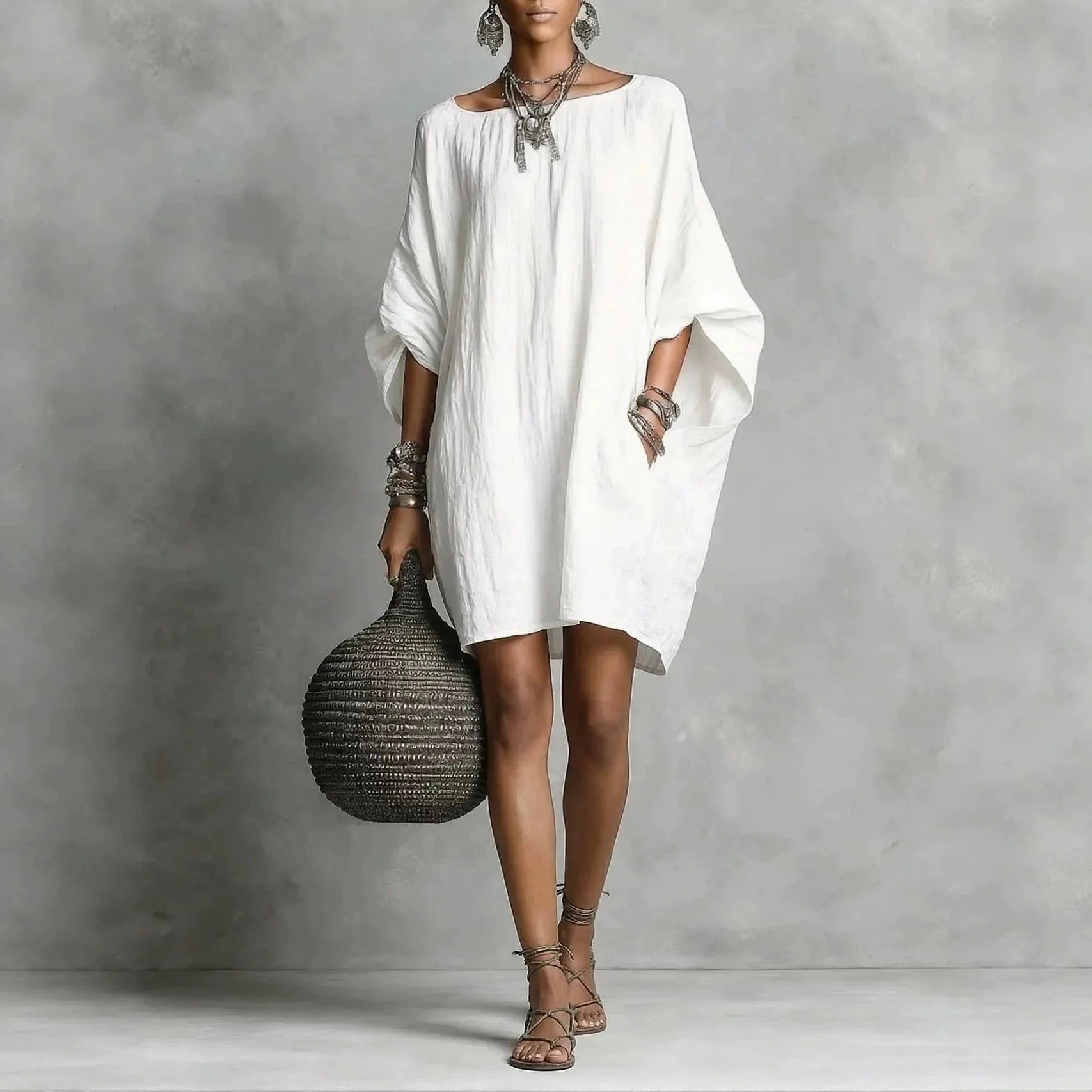Oversized Batwing Tunic Dress - White