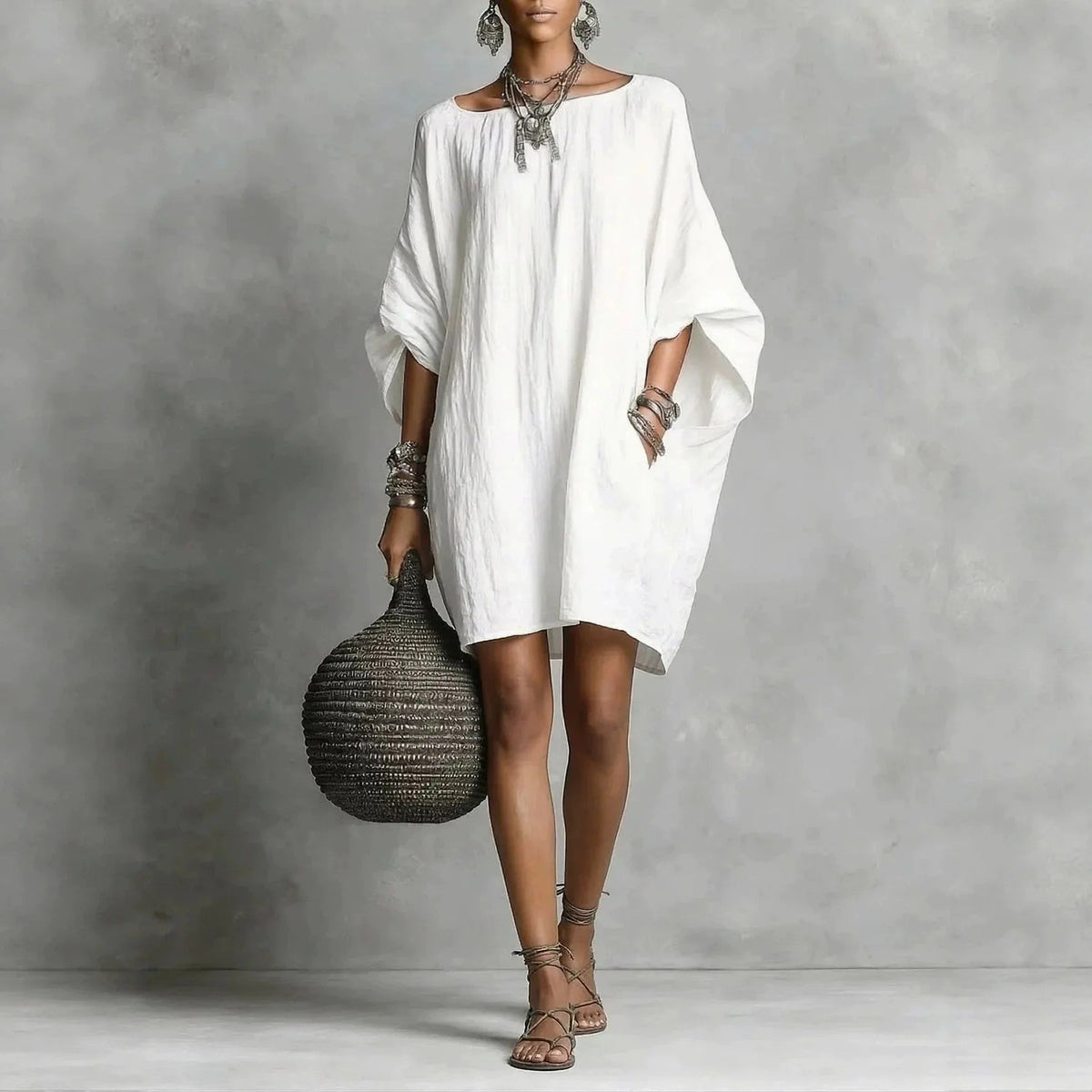 Oversized Batwing Tunic Dress - White