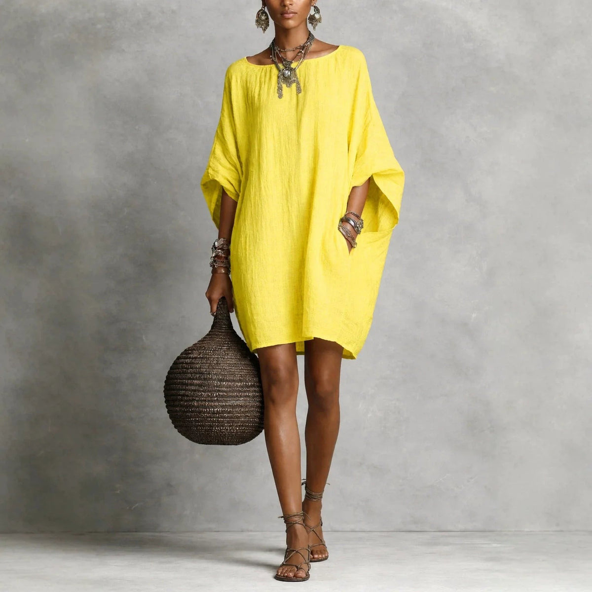 Oversized Batwing Tunic Dress - Yellow