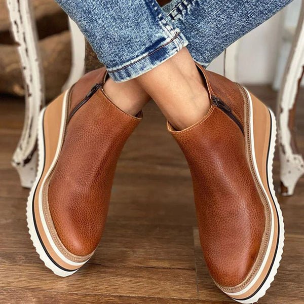 Women's Platform Wedge Ankle Boots - Brown