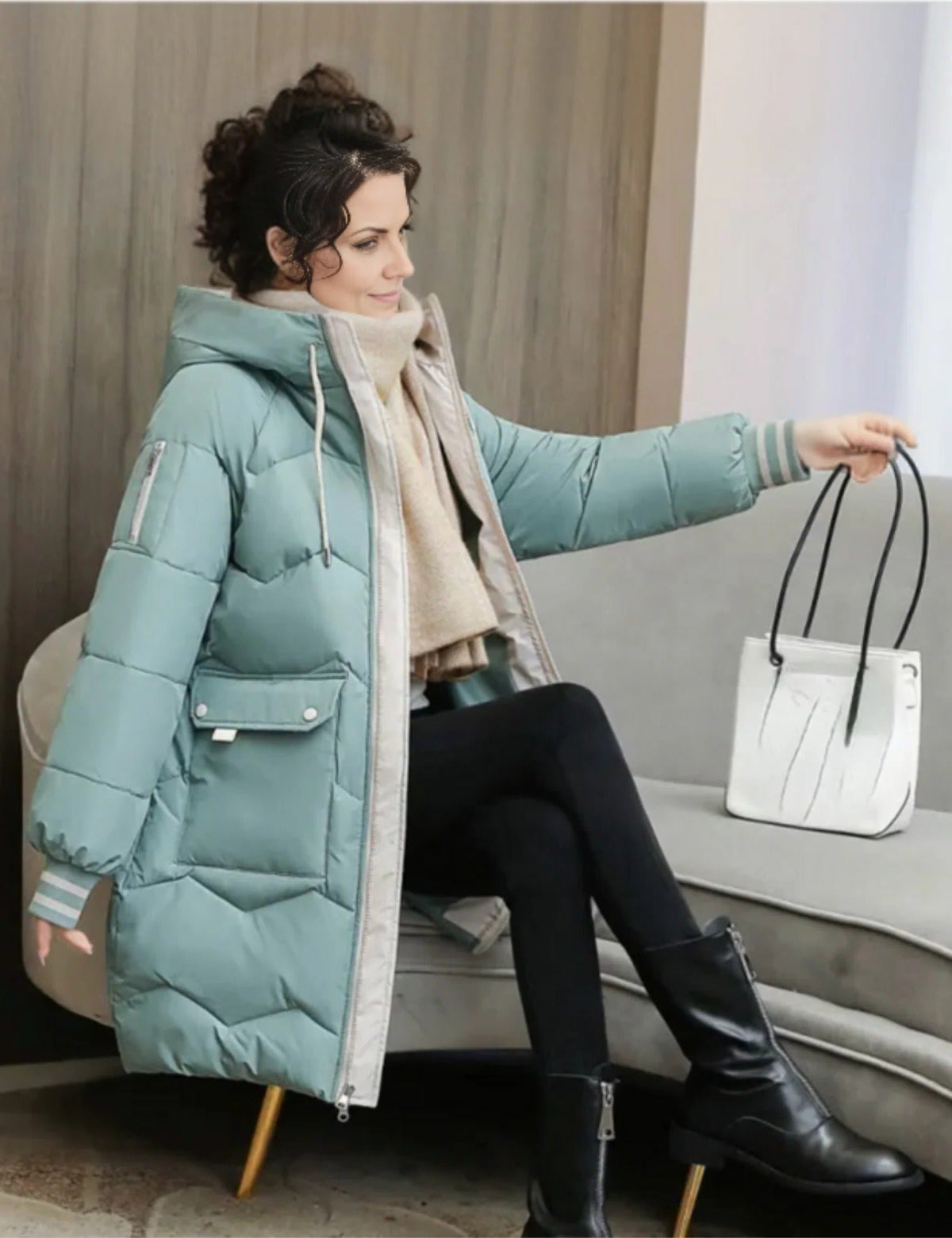 Women's Quilted Hooded Puffer Coat - Light Green