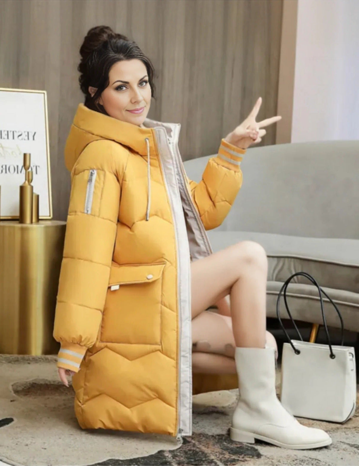 Women's Quilted Hooded Puffer Coat - Yellow