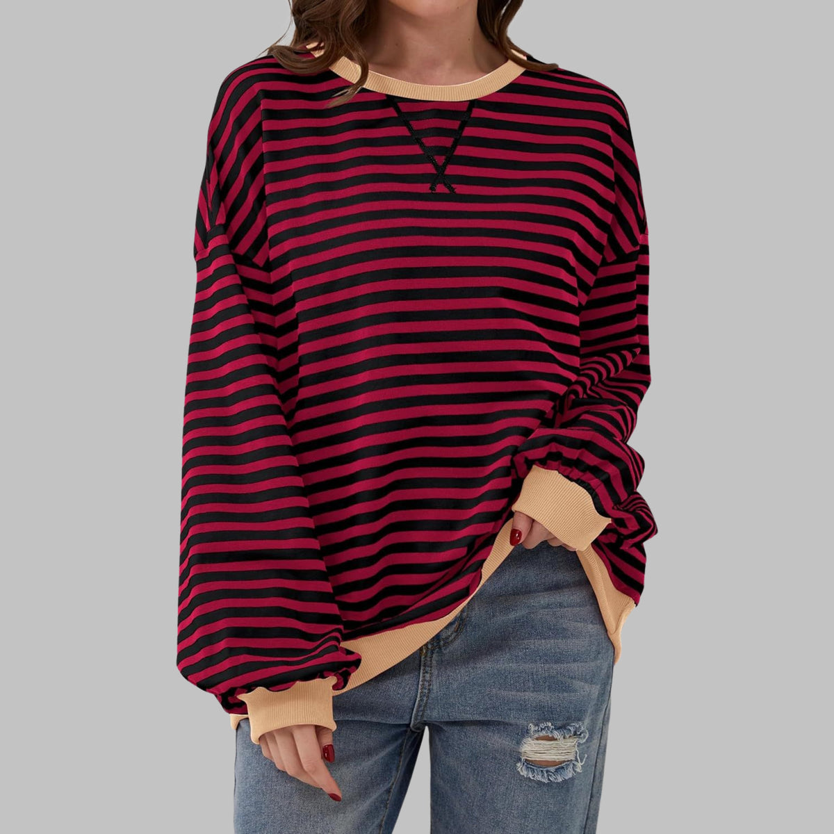 Women's Striped Oversized Sweatshirt - Claret