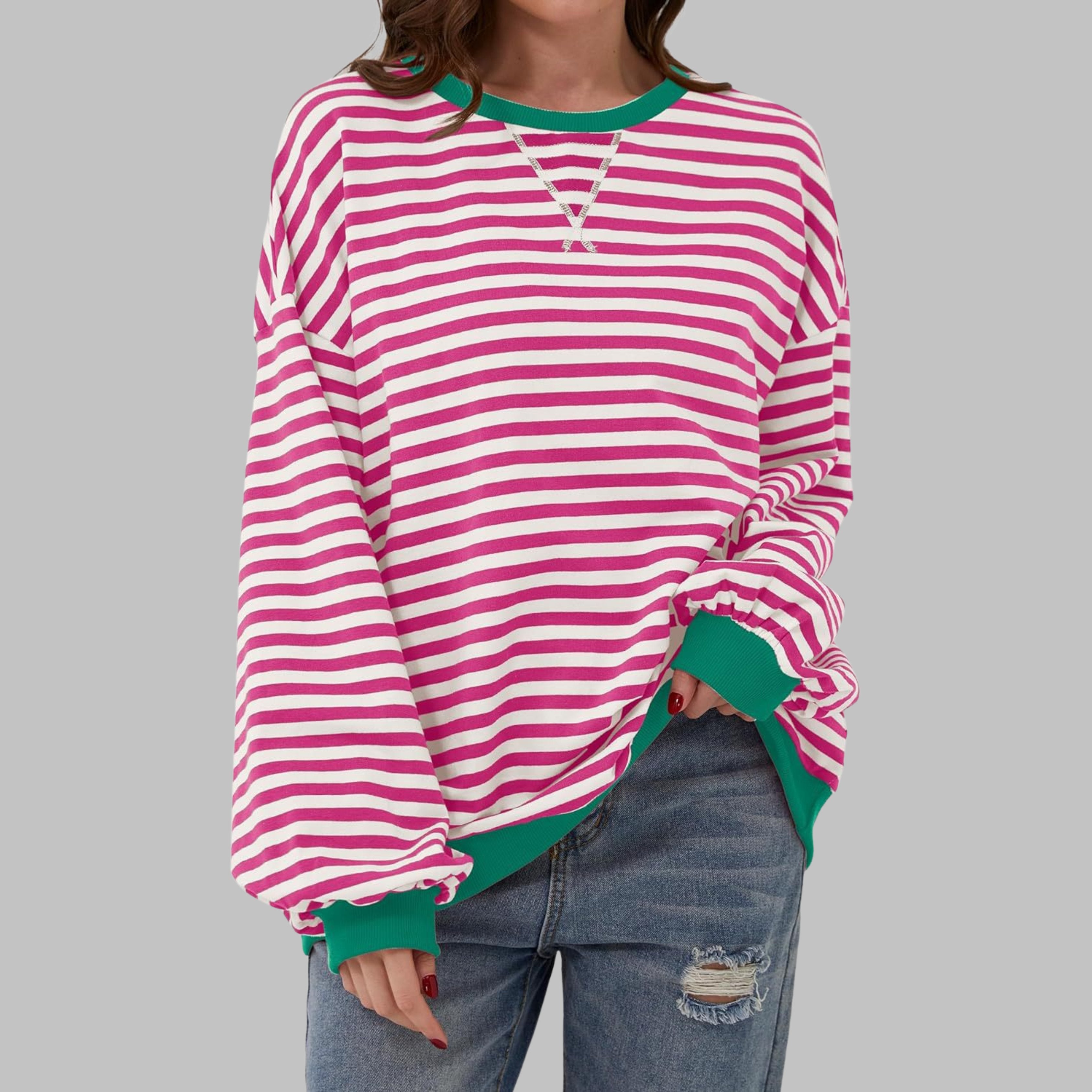 Women's Striped Oversized Sweatshirt - Rose Red