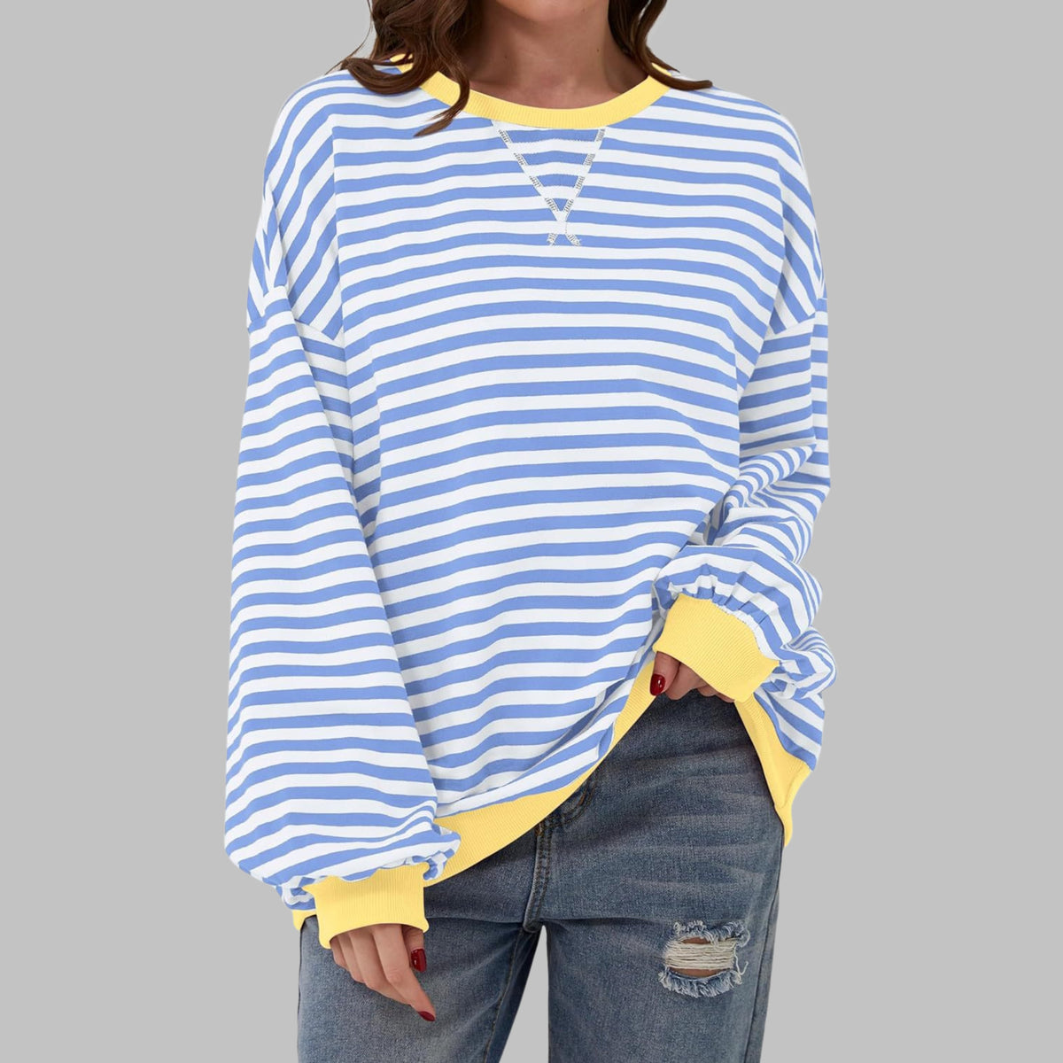 Women's Striped Oversized Sweatshirt - Sky Blue