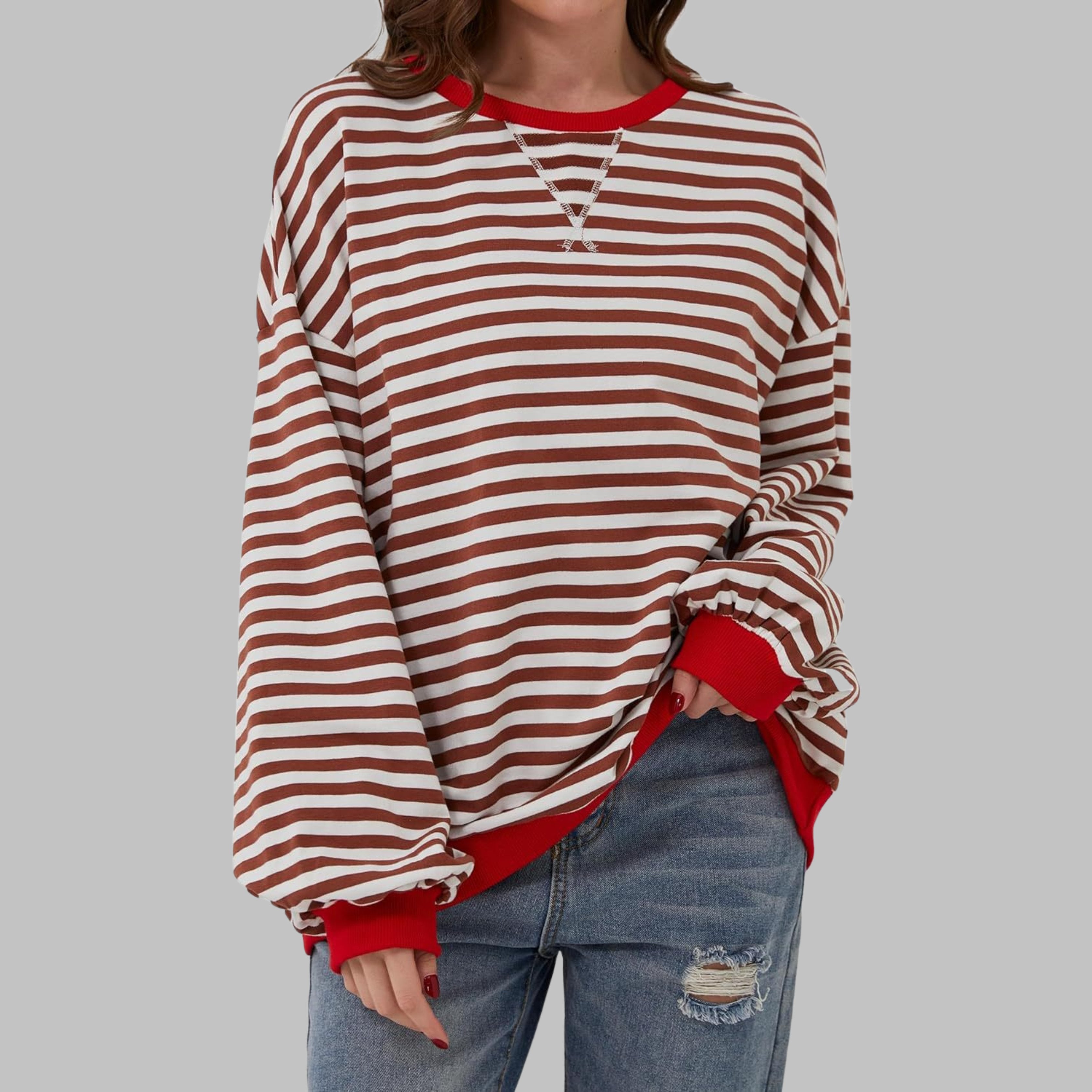 Women's Striped Oversized Sweatshirt - Red