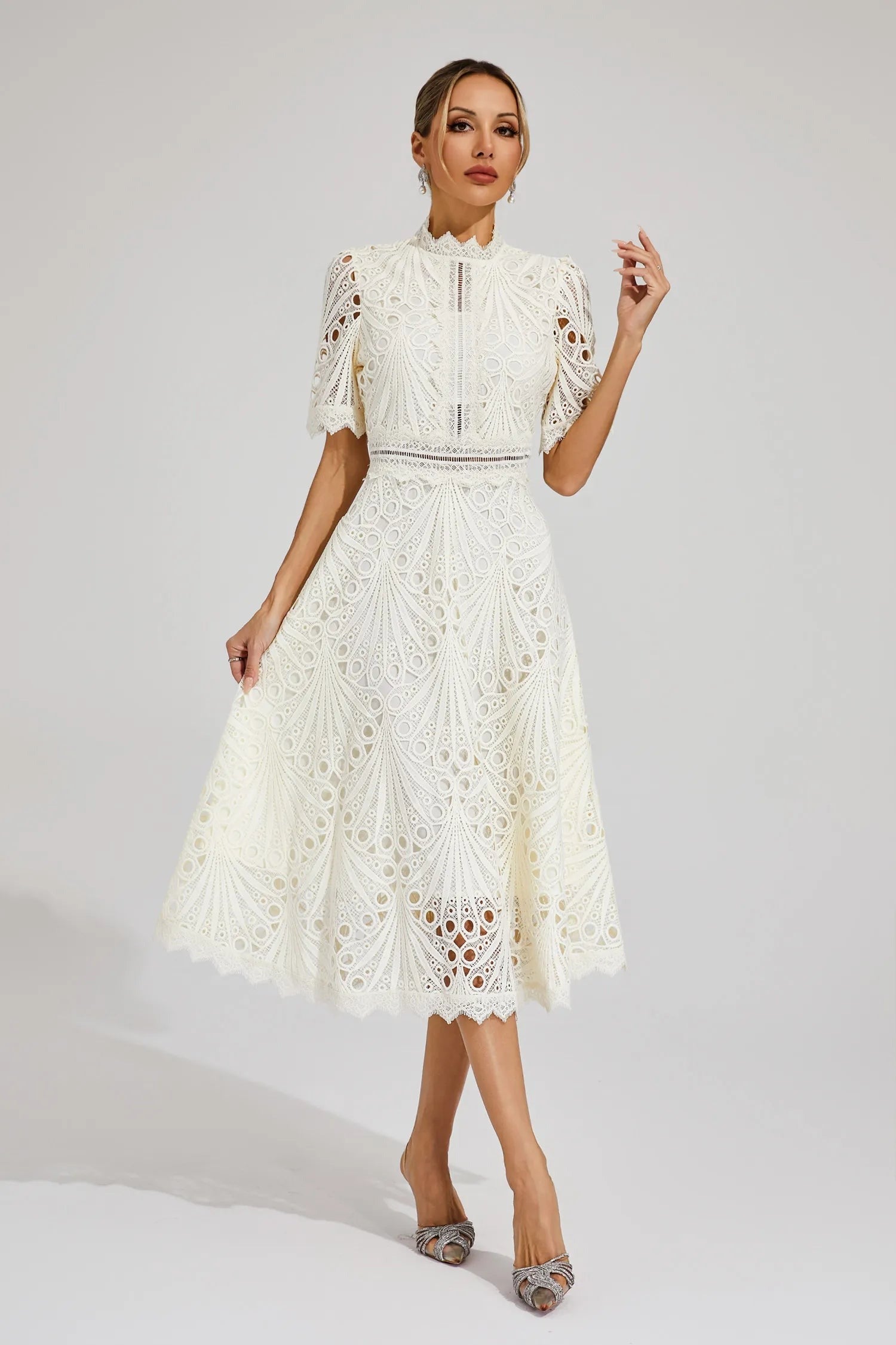Wedding Guest Lace Midi Dress - White