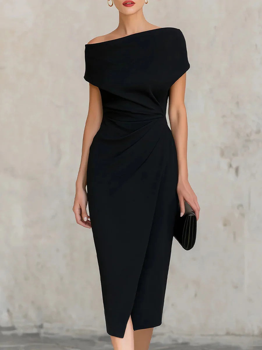 One Shoulder Ruched Midi Dress - Black
