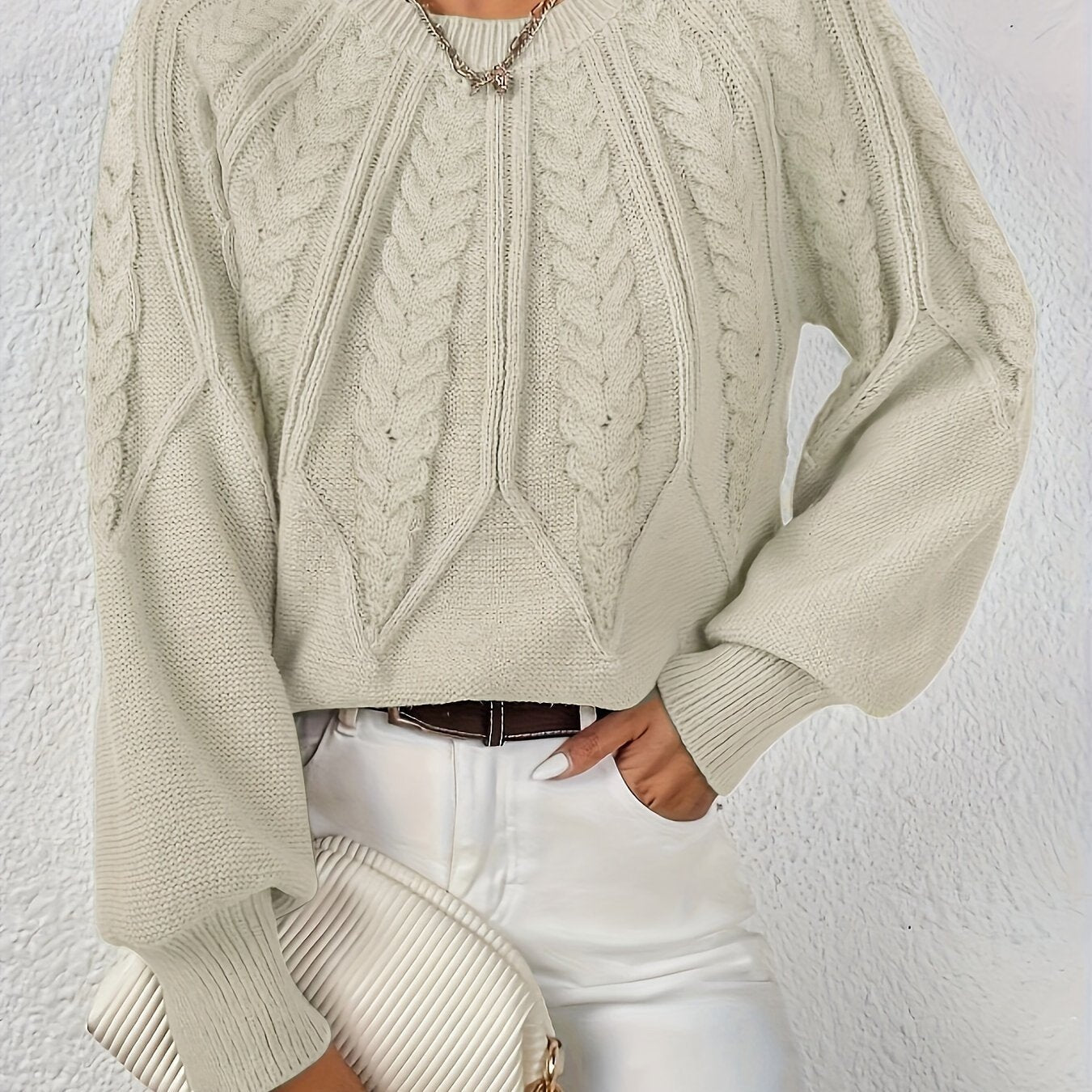 Women's Cropped Cable Knit Sweater - Beige