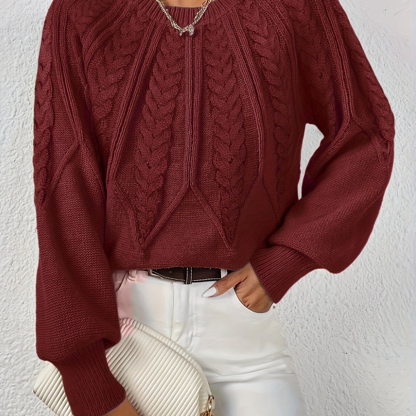 Women's Cropped Cable Knit Sweater - Burgundy