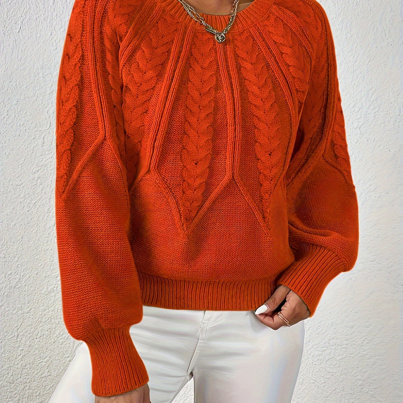 Women's Cropped Cable Knit Sweater - Orange Red