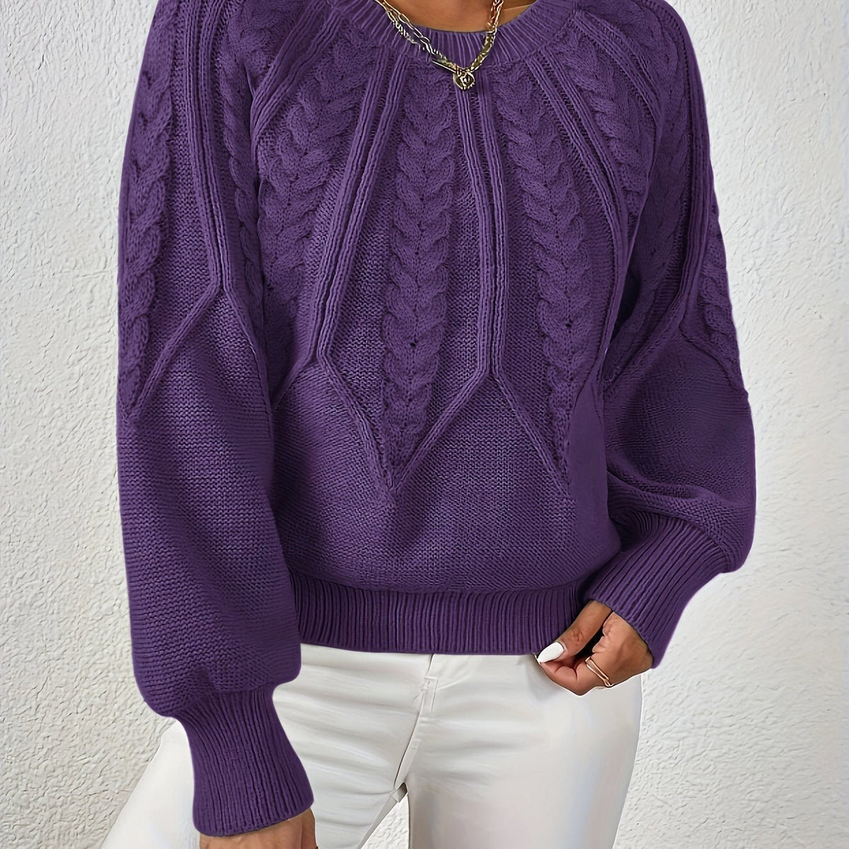 Women's Cropped Cable Knit Sweater - Deep Purple