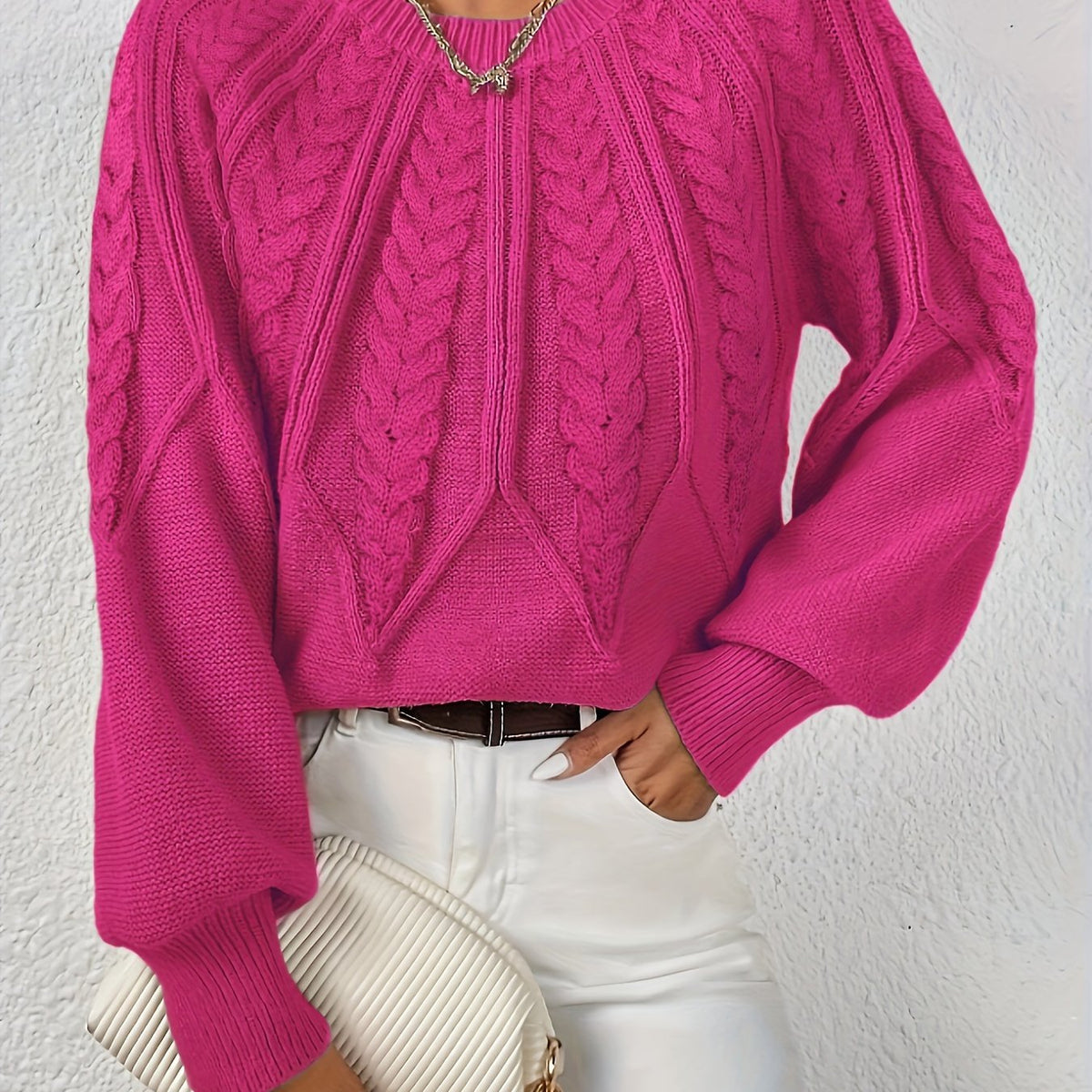 Women's Cropped Cable Knit Sweater - Rose Red