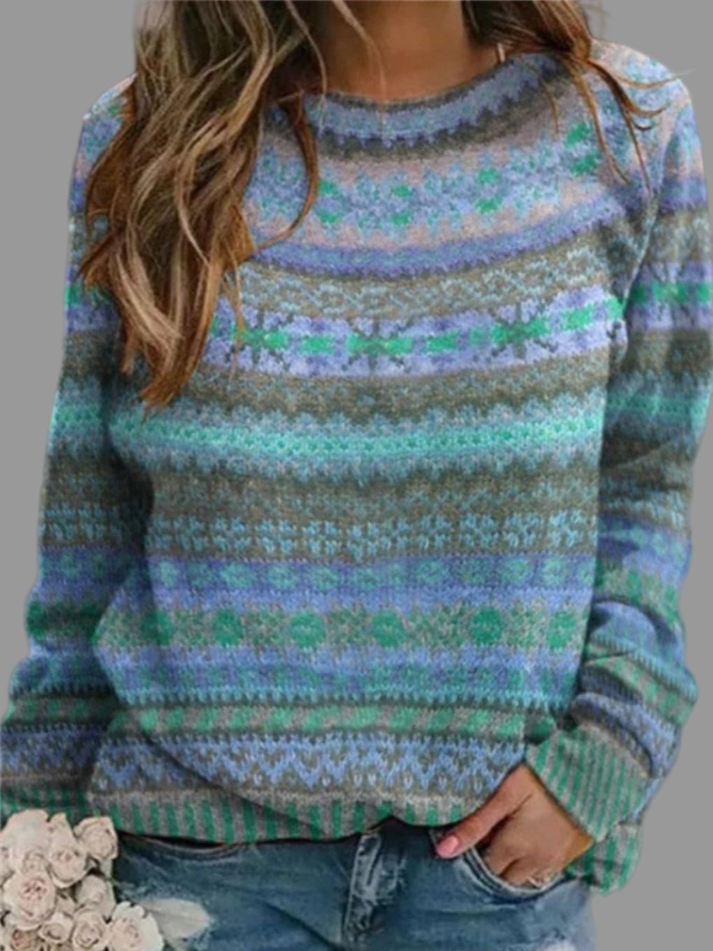 Women's Fair Isle Wool Sweater - Green + Blue