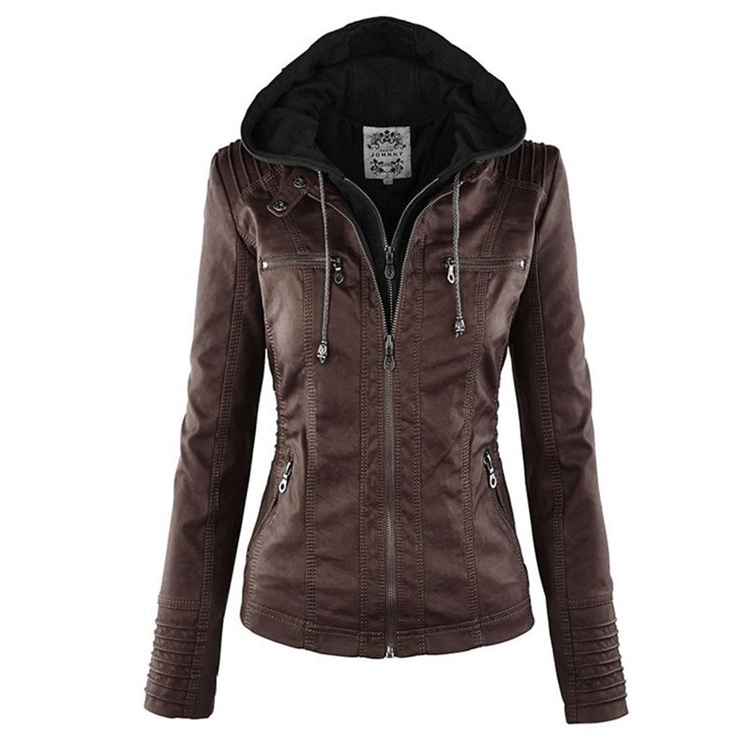 Women's Faux Leather Moto Jacket - Brown
