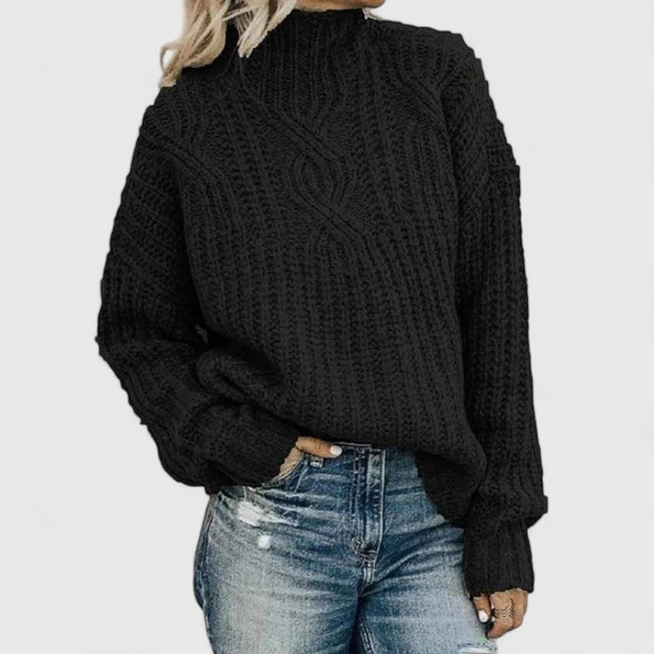 Women's Oversized Cable Knit Turtleneck Sweater - Black