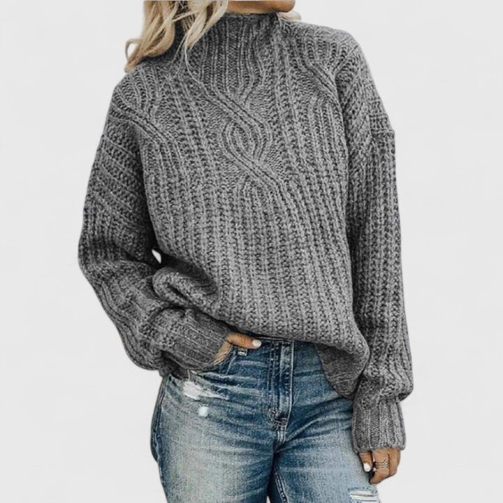 Women's Oversized Cable Knit Turtleneck Sweater - Gray