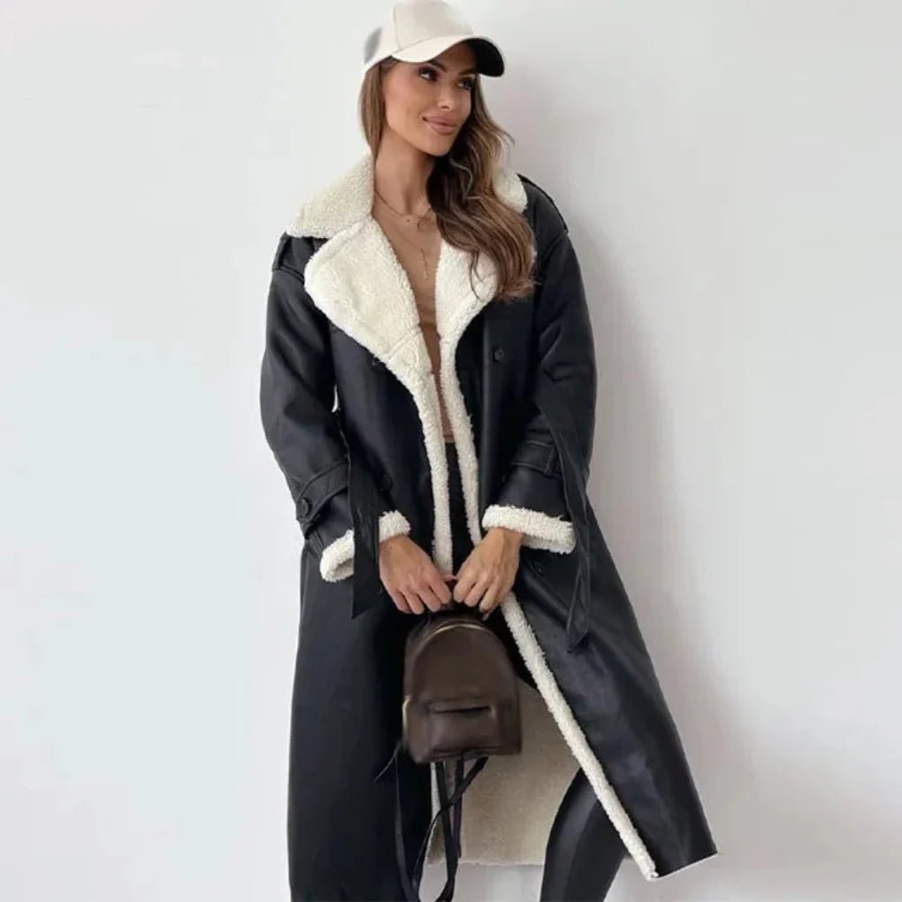 Women's Oversized Faux Leather Trench Coat - Black