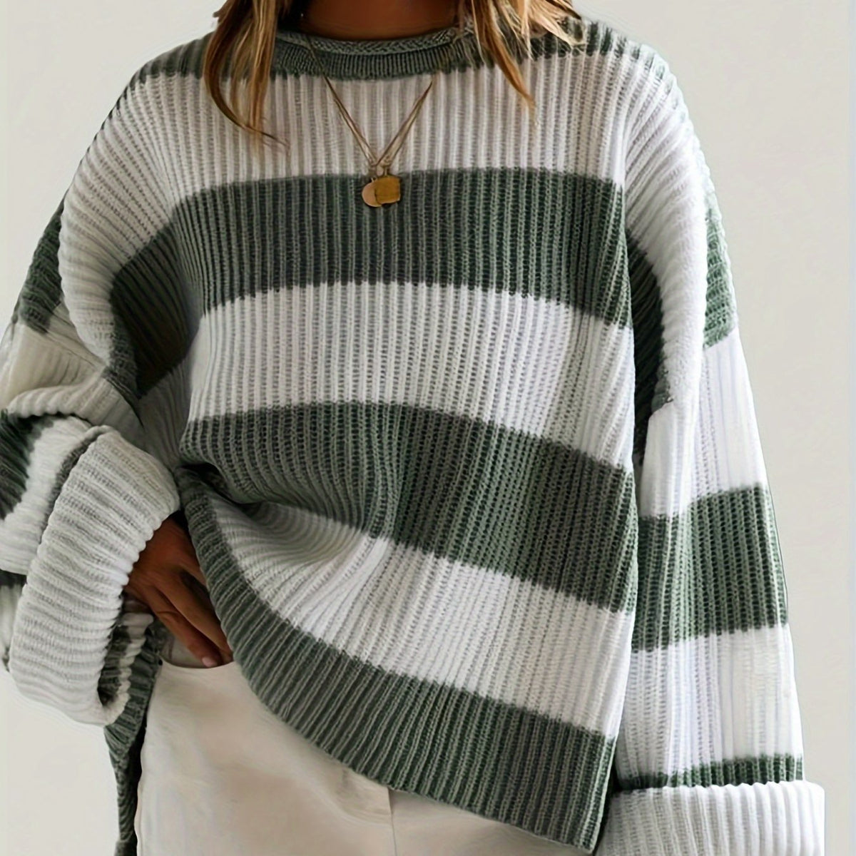 Women's Oversized Striped Knit Sweater - Green