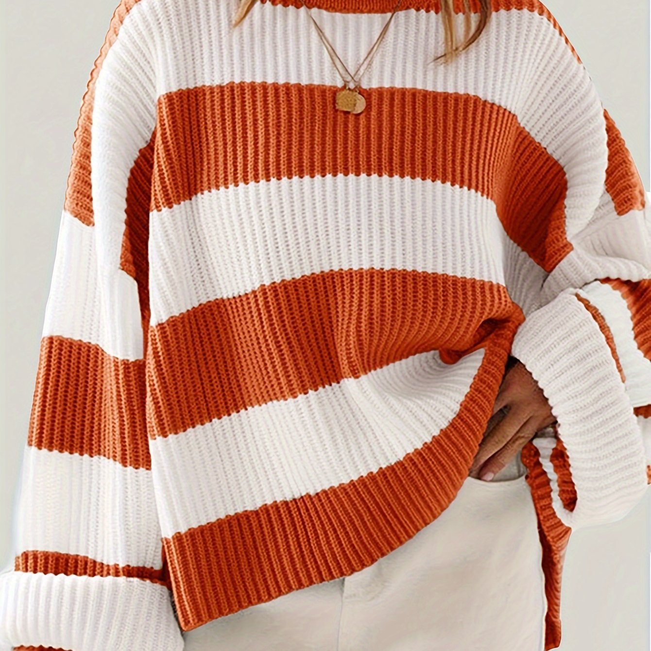 Women's Oversized Striped Knit Sweater - Orange Red