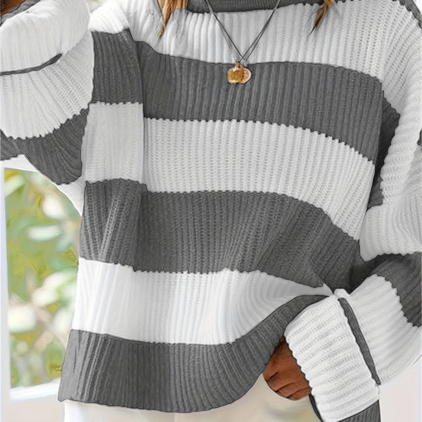 Women's Oversized Striped Knit Sweater - Grey