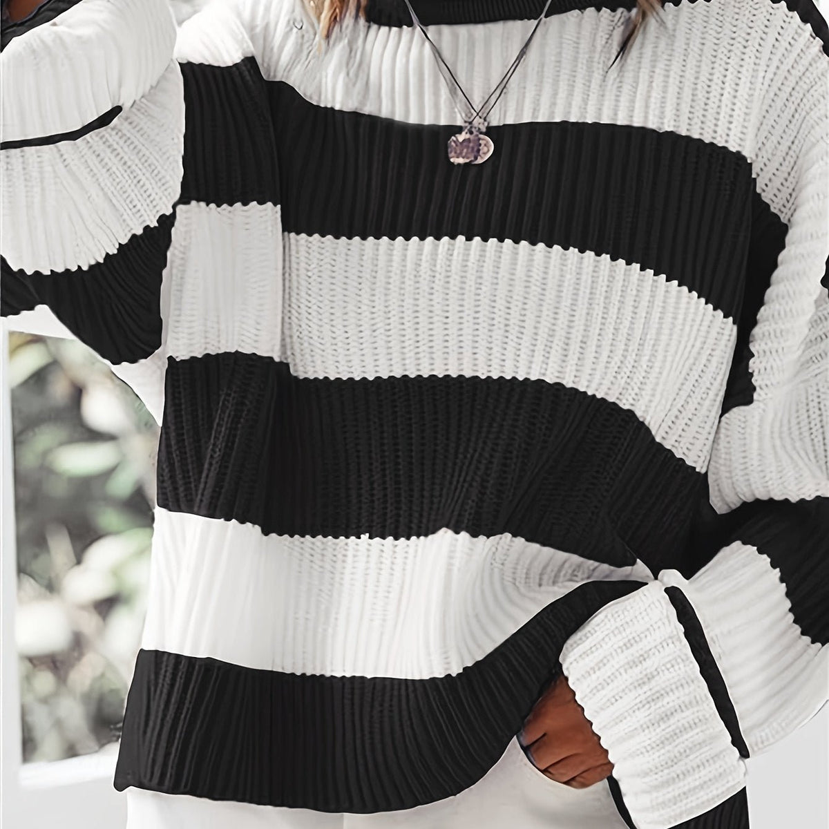 Women's Oversized Striped Knit Sweater - Black