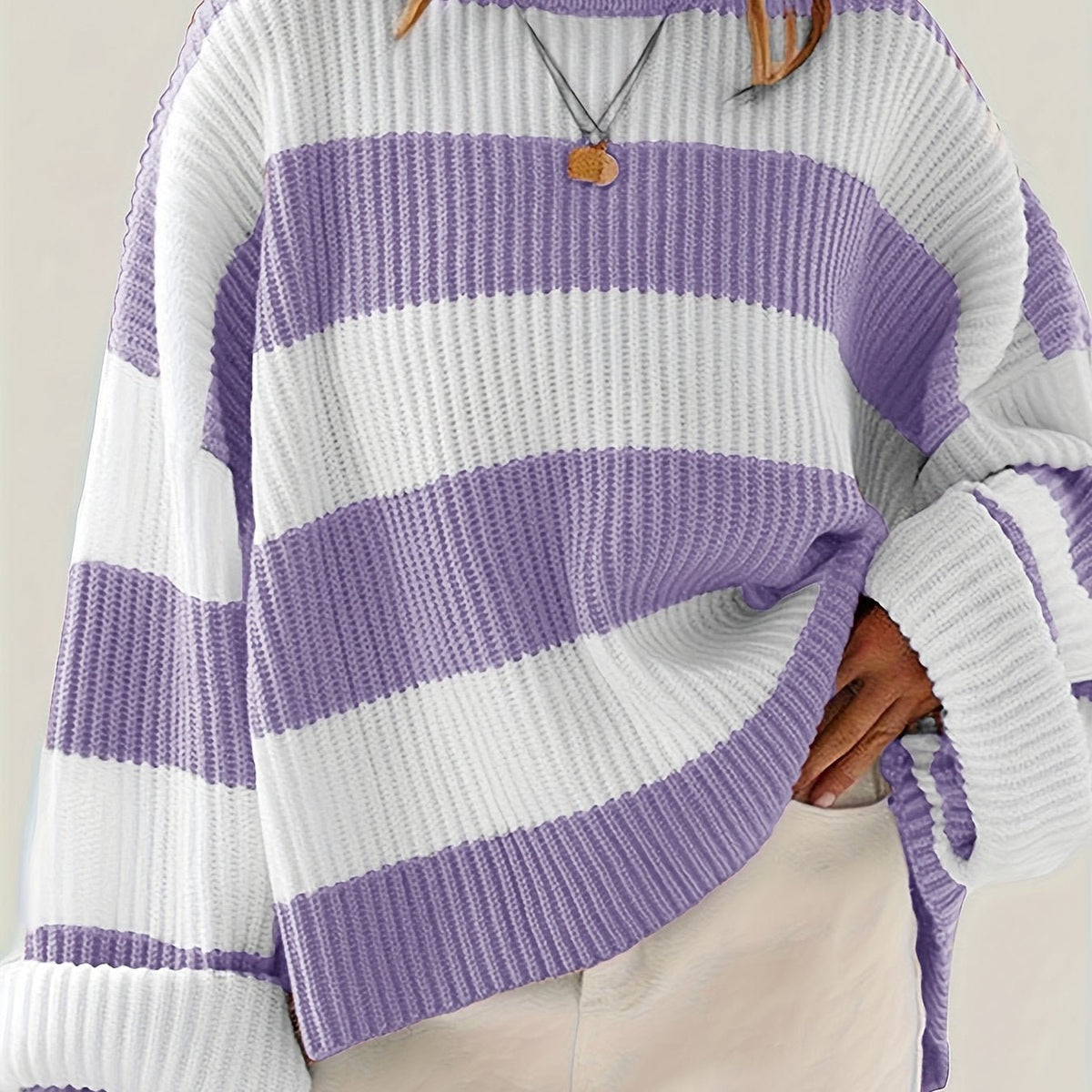 Women's Oversized Striped Knit Sweater - Purple
